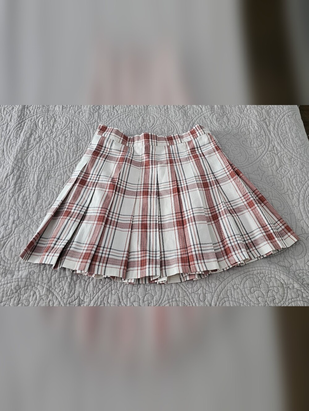 aerie White and Rust Plaid Pleated Skater Skirt
